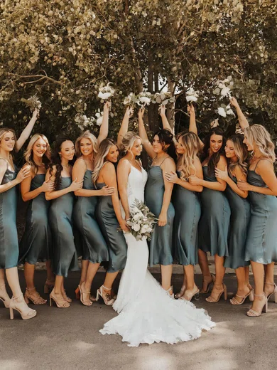 Sheath/Column Cowl Neck Silk-like Satin Tea-length Bridesmaid Dresses #Milly01013873