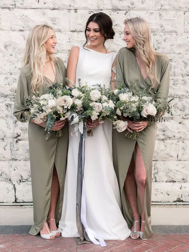 A-line V-neck Silk-like Satin Floor-length Split Front Bridesmaid Dresses #Milly01013874