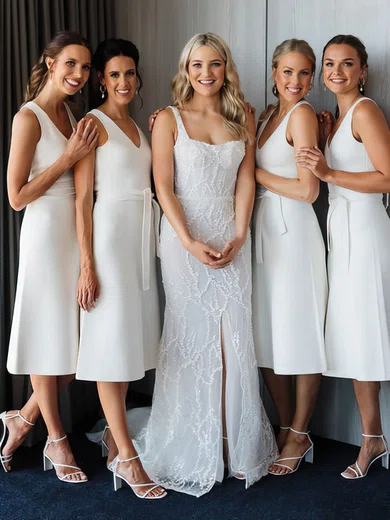 A-line V-neck Stretch Crepe Tea-length Bridesmaid Dresses #Milly01013878