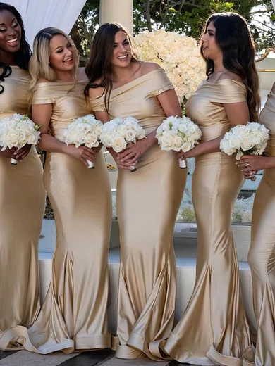 Trumpet/Mermaid Off-the-shoulder Silk-like Satin Sweep Train Bridesmaid Dresses #Milly01013879