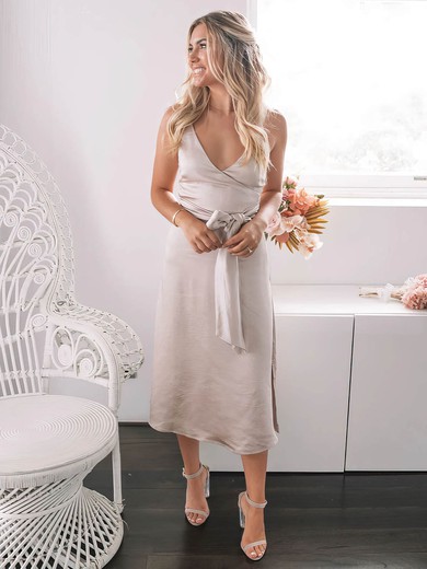 A-line V-neck Silk-like Satin Tea-length Sashes / Ribbons Bridesmaid Dresses #Milly01013882