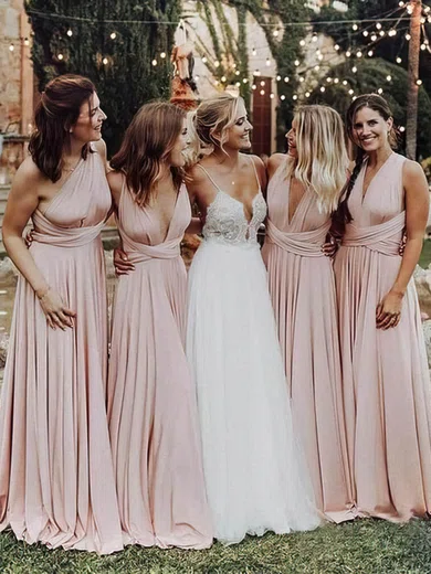 A-line V-neck Chiffon Sweep Train Ruffles Bridesmaid Dresses #Milly01013885