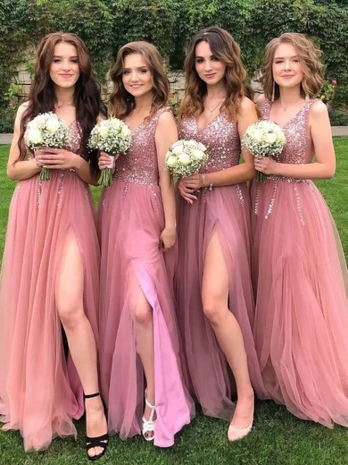 A-line V-neck Tulle Glitter Sweep Train Split Front Bridesmaid Dresses #Milly01013896