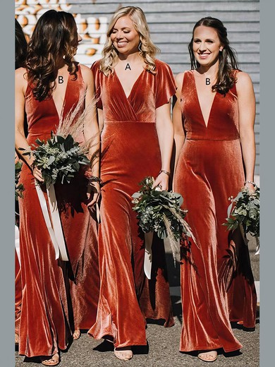 Sheath/Column V-neck Velvet Floor-length Bridesmaid Dresses #Milly01013900