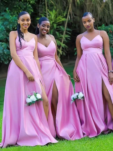 A-line V-neck Silk-like Satin Sweep Train Split Front Bridesmaid Dresses #Milly01013916
