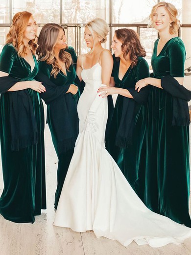A-line V-neck Velvet Floor-length Bridesmaid Dresses #Milly01013919