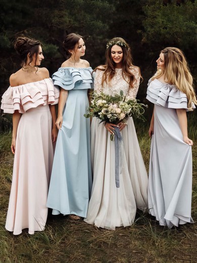A-line Off-the-shoulder Silk-like Satin Floor-length Tiered Bridesmaid Dresses #Milly01013922