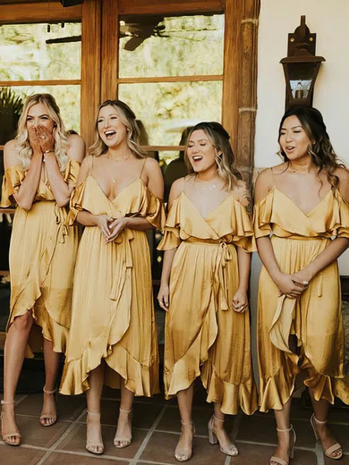 A-line V-neck Silk-like Satin Asymmetrical Sashes / Ribbons Bridesmaid Dresses #Milly01013923