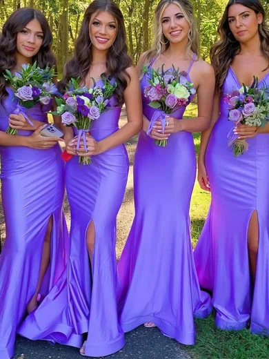 Sheath/Column V-neck Silk-like Satin Floor-length Split Front Bridesmaid Dresses #Milly01013930
