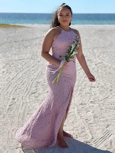 Trumpet/Mermaid Scoop Neck Lace Sweep Train Split Front Mother of the Bride Dresses #Milly01021735