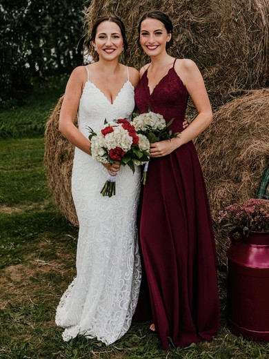 Sheath/Column V-neck Lace Sweep Train Wedding Dresses #Milly00023965