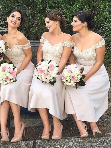 A-line Off-the-shoulder Silk-like Satin Tea-length Appliques Lace Bridesmaid Dresses #Milly01014118