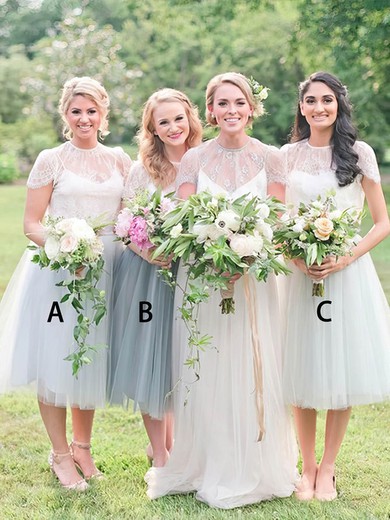 A-line Scoop Neck Tulle Tea-length Appliques Lace Bridesmaid Dresses #Milly01014139
