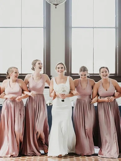 A-line V-neck Silk-like Satin Sweep Train Pockets Bridesmaid Dresses #Milly01014140