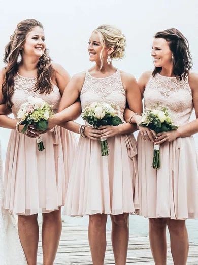 A-line Scoop Neck Chiffon Knee-length Appliques Lace Bridesmaid Dresses #Milly01014148