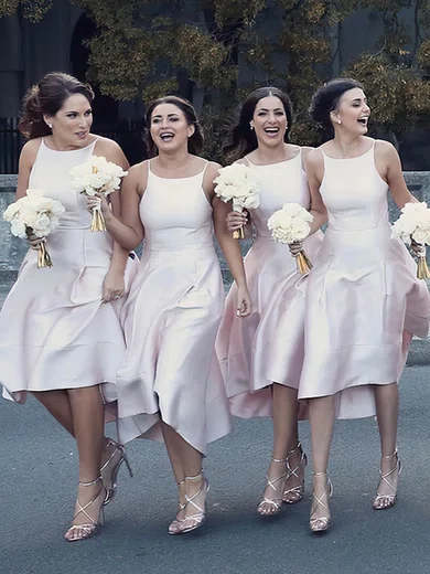 A-line Square Neckline Silk-like Satin Tea-length Bridesmaid Dresses #Milly01014149