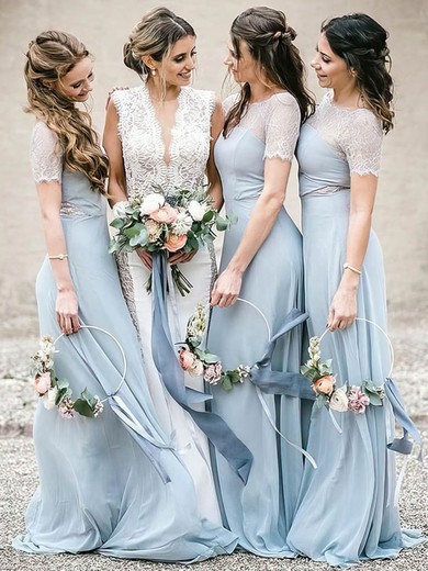 Sheath/Column Scoop Neck Chiffon Sweep Train Lace Bridesmaid Dresses #Milly01014152