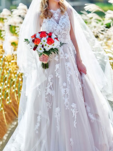 Ball Gown/Princess Illusion Tulle Court Train Wedding Dresses With Appliques Lace #Milly00023886