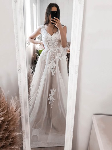 A-line Scalloped Neck Tulle Sweep Train Appliques Lace Wedding Dresses #Milly00023891