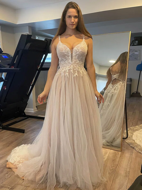 Ball Gown V-neck Tulle Sweep Train Wedding Dresses With Appliques Lace #Milly00023894