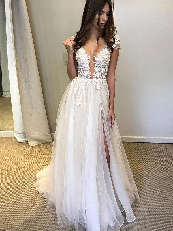 Ball Gown V-neck Tulle Sweep Train Wedding Dresses With Split Front #Milly00023912