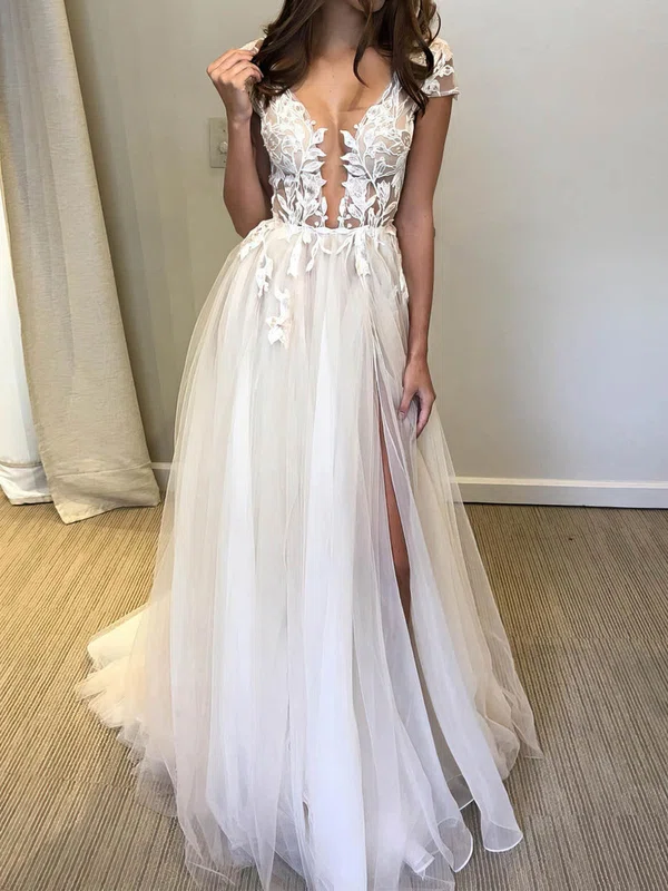 Ball Gown/Princess V-neck Tulle Sweep Train Wedding Dresses With Split Front #Milly00023912