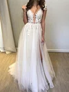 Ball Gown/Princess V-neck Tulle Sweep Train Wedding Dresses With Split Front #Milly00023912