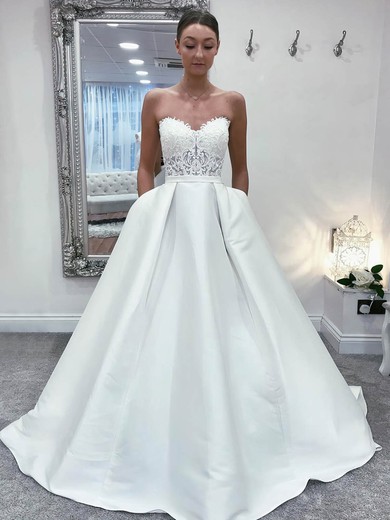 Ball Gown Strapless Satin Court Train Appliques Lace Wedding Dresses #Milly00023913