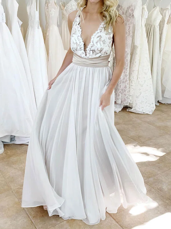 A-line V-neck Chiffon Floor-length Wedding Dresses With Appliques Lace #Milly00023915