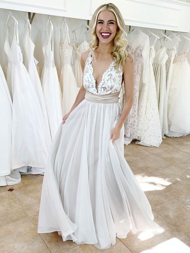 A-line V-neck Chiffon Floor-length Lace Wedding Dresses #Milly00023915