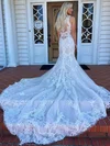 Trumpet/Mermaid V-neck Tulle Chapel Train Wedding Dresses With Appliques Lace #Milly00023916