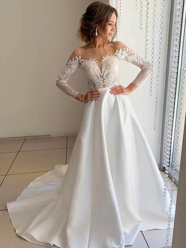 Ball Gown Illusion Satin Court Train Wedding Dresses With Appliques Lace #Milly00023917
