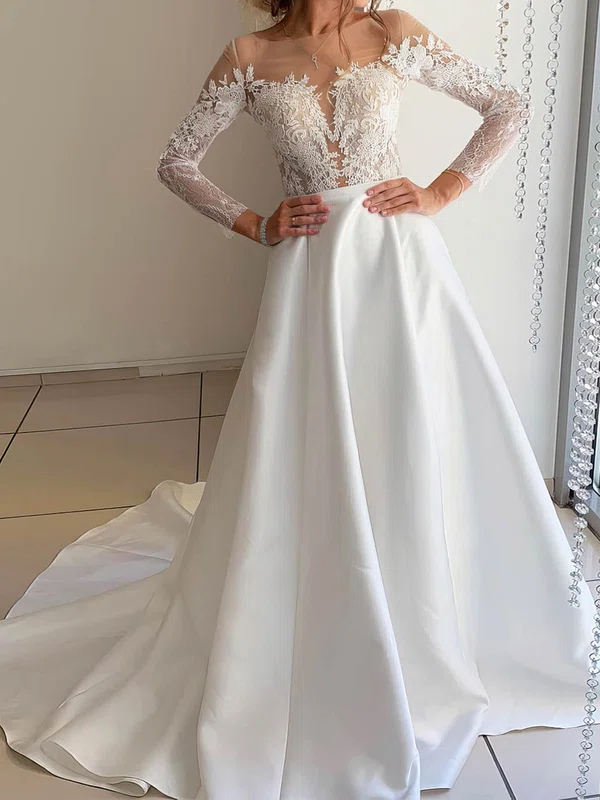 Ball Gown Illusion Satin Court Train Wedding Dresses With Appliques Lace #Milly00023917