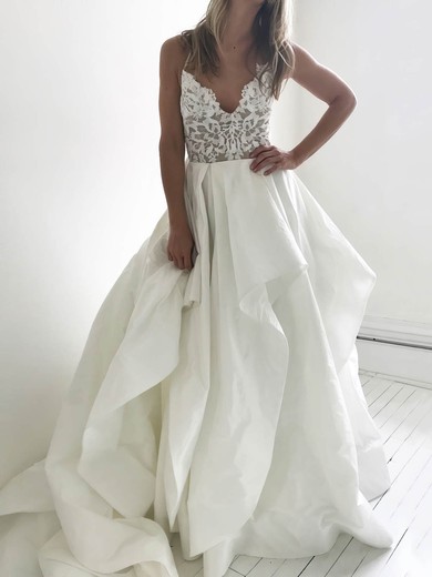 A-line V-neck Lace Silk-like Satin Court Train Cascading Ruffles Wedding Dresses #Milly00023919