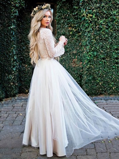 A-line V-neck Lace Tulle Floor-length Split Front Wedding Dresses #Milly00023920