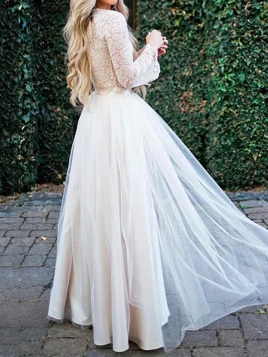 Ball Gown/Princess V-neck Lace Tulle Floor-length Wedding Dresses With Split Front #Milly00023920