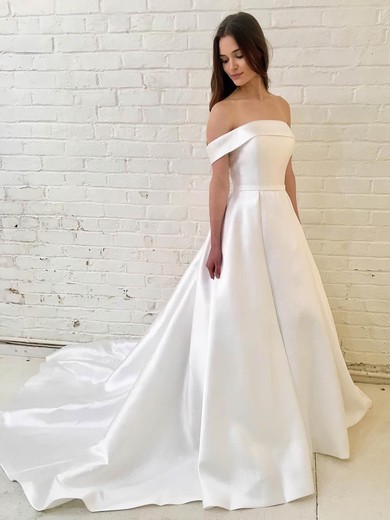 A-line Off-the-shoulder Satin Court Train Wedding Dresses #Milly00023923
