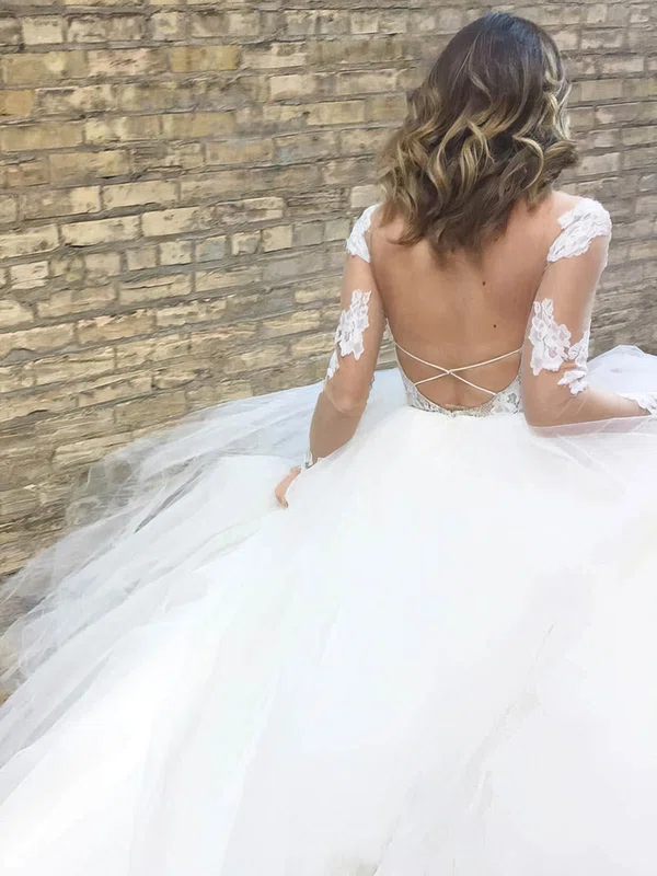 Ball Gown Illusion Tulle Court Train Wedding Dresses With Appliques Lace #Milly00023924