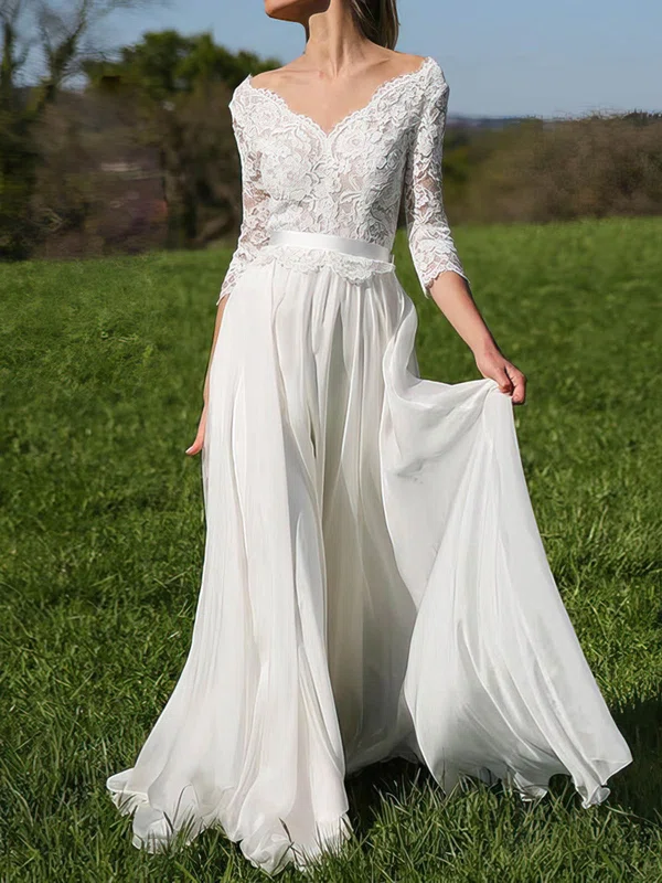 A-line V-neck Lace Chiffon Sweep Train Wedding Dresses With Sashes / Ribbons #Milly00023926