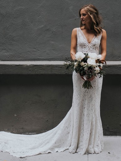 Sheath/Column V-neck Lace Chapel Train Wedding Dresses #Milly00023927