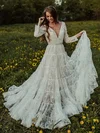 Ball Gown V-neck Lace Sweep Train Wedding Dresses With Sashes / Ribbons #Milly00023929