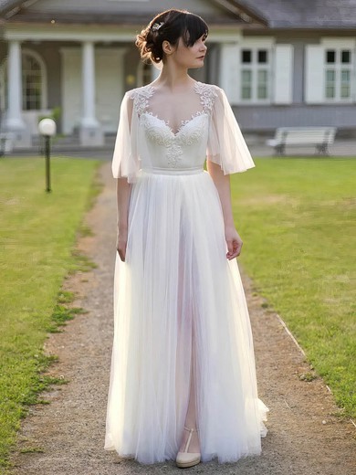 A-line V-neck Tulle Floor-length Appliques Lace Wedding Dresses #Milly00023931