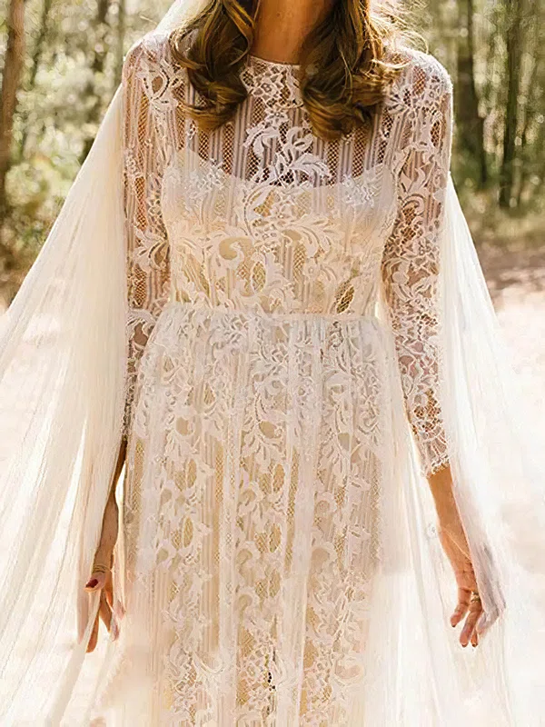 A-line Illusion Lace Floor-length Wedding Dresses #Milly00023932