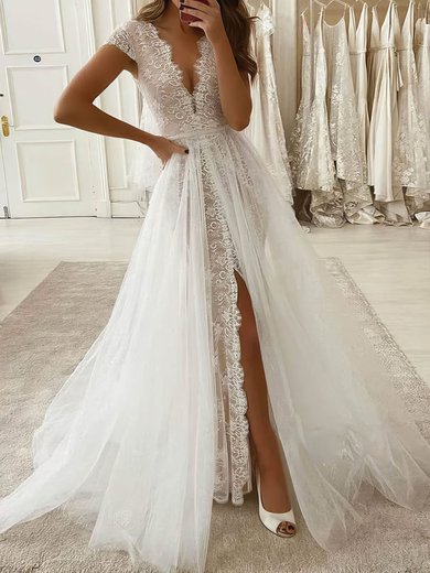 A-line V-neck Tulle Sweep Train Appliques Lace Wedding Dresses #Milly00023933