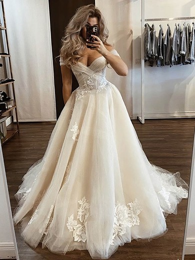 A-line Off-the-shoulder Tulle Court Train Appliques Lace Wedding Dresses #Milly00023935