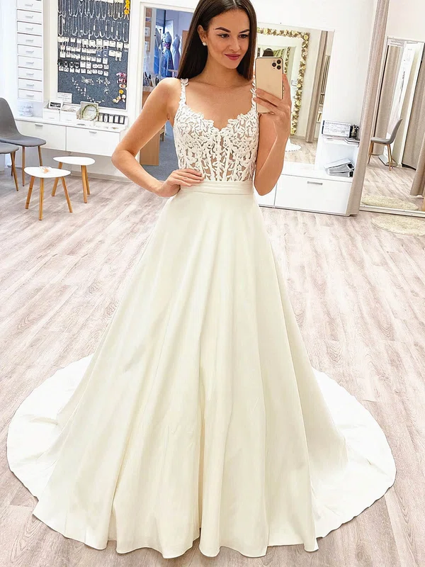 Ball Gown V-neck Silk-like Satin Sweep Train Wedding Dresses With Appliques Lace #Milly00023936