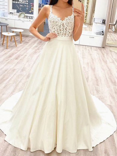 Ball Gown/Princess V-neck Silk-like Satin Sweep Train Wedding Dresses With Appliques Lace #Milly00023936