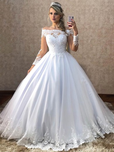 Ball Gown Off-the-shoulder Tulle Sweep Train Appliques Lace Wedding Dresses #Milly00023938