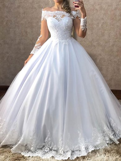 Ball Gown/Princess Off-the-shoulder Tulle Sweep Train Wedding Dresses With Appliques Lace #Milly00023938