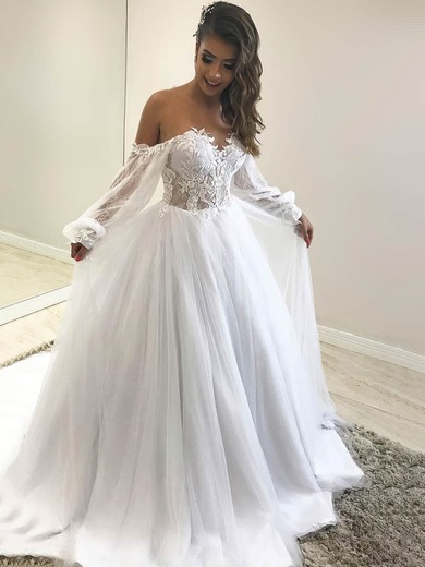 Ball Gown Off-the-shoulder Tulle Court Train Appliques Lace Wedding Dresses #Milly00023939